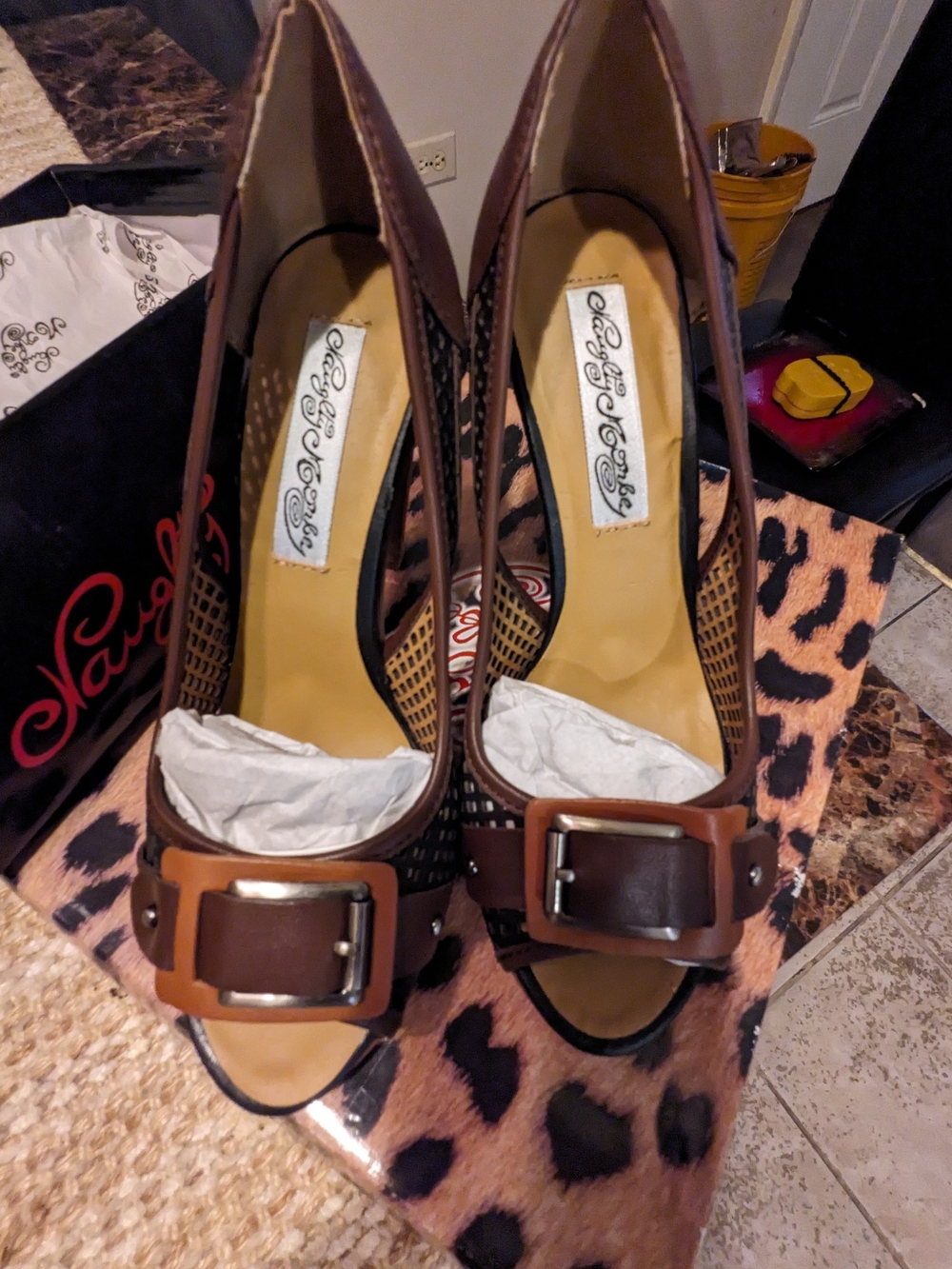naughty monkey Brown Buckle Peep-Toe Heels with Textured Panels